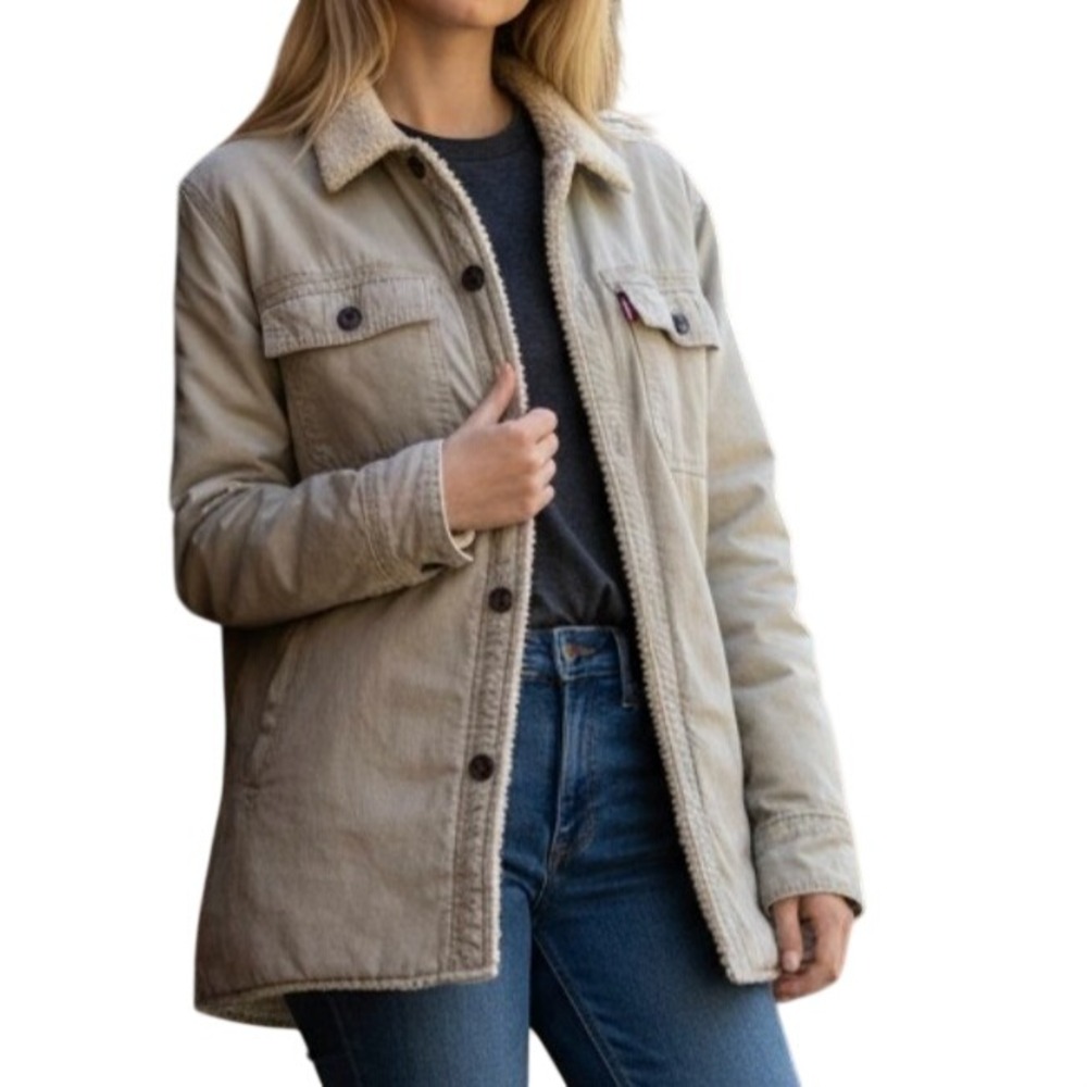 Levi"s Shirt Jacket Sherpa Lined Ripstop Medium Khaki Tan Utility Shacket